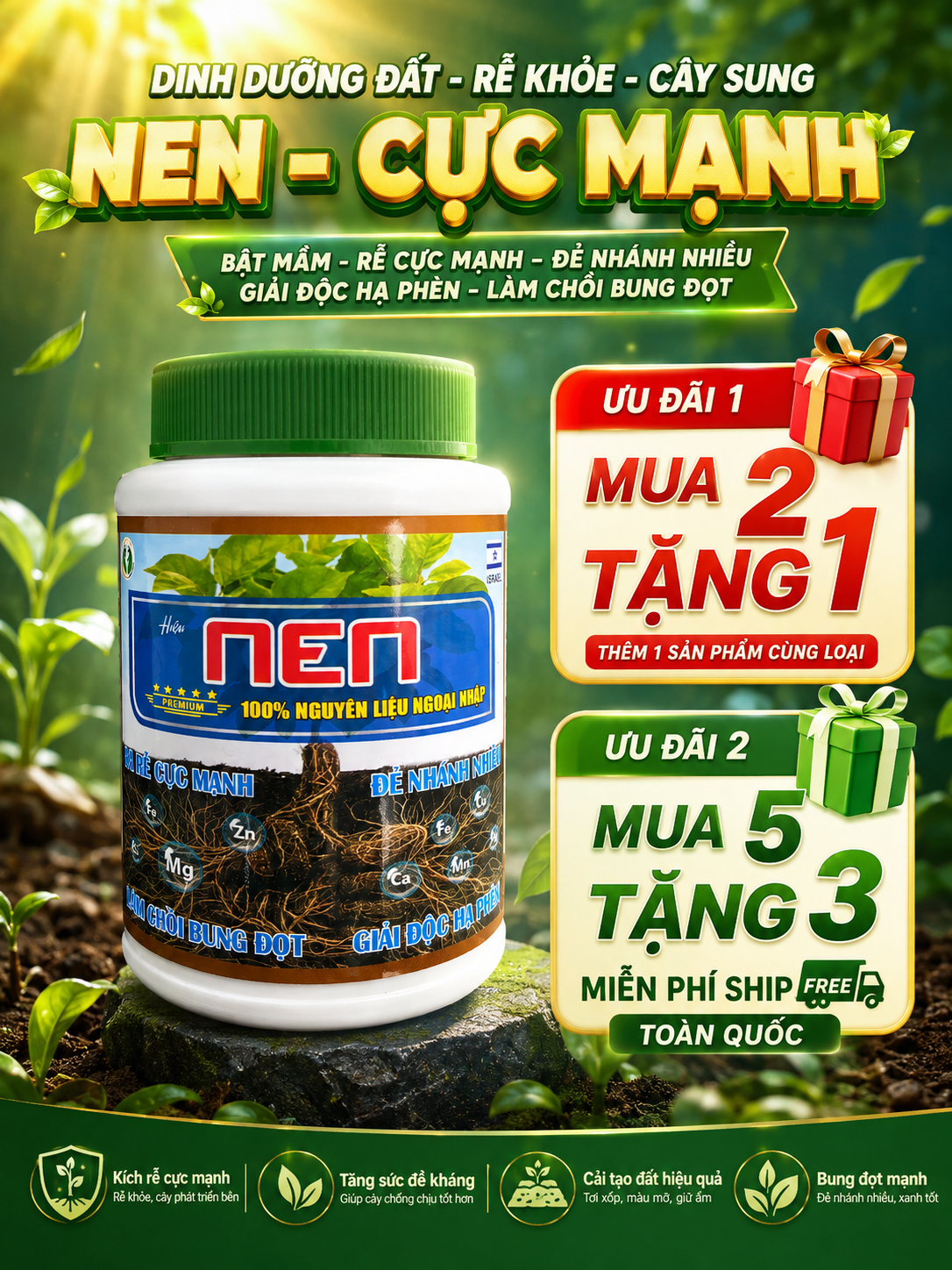 NEN phân bón NPK kết hợp trung - vi lượng và EDTA Chelate