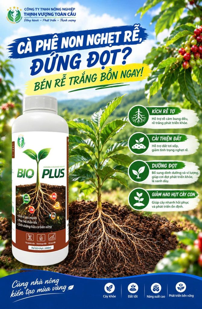 Chai phân bón lá Bio Plus kích rễ hỗ trợ phục hồi bộ rễ cây cà phê, hồ tiêu sau mưa