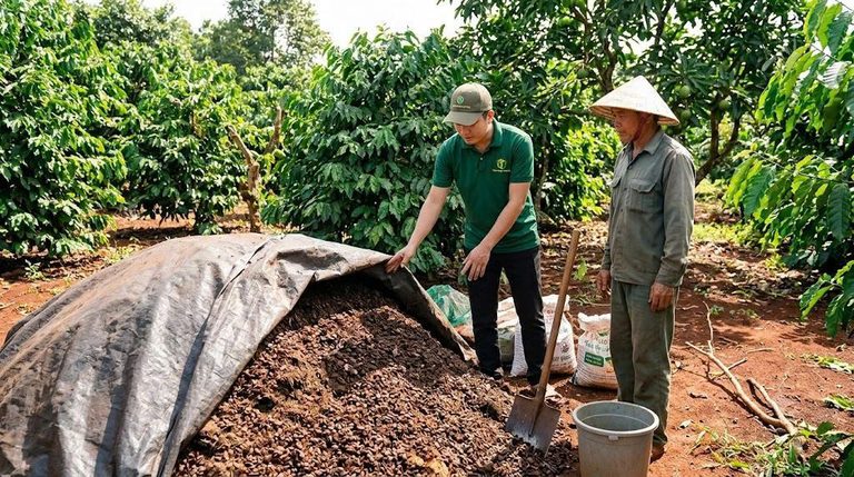 Hai nông dân đang làm việc trong vườn cây