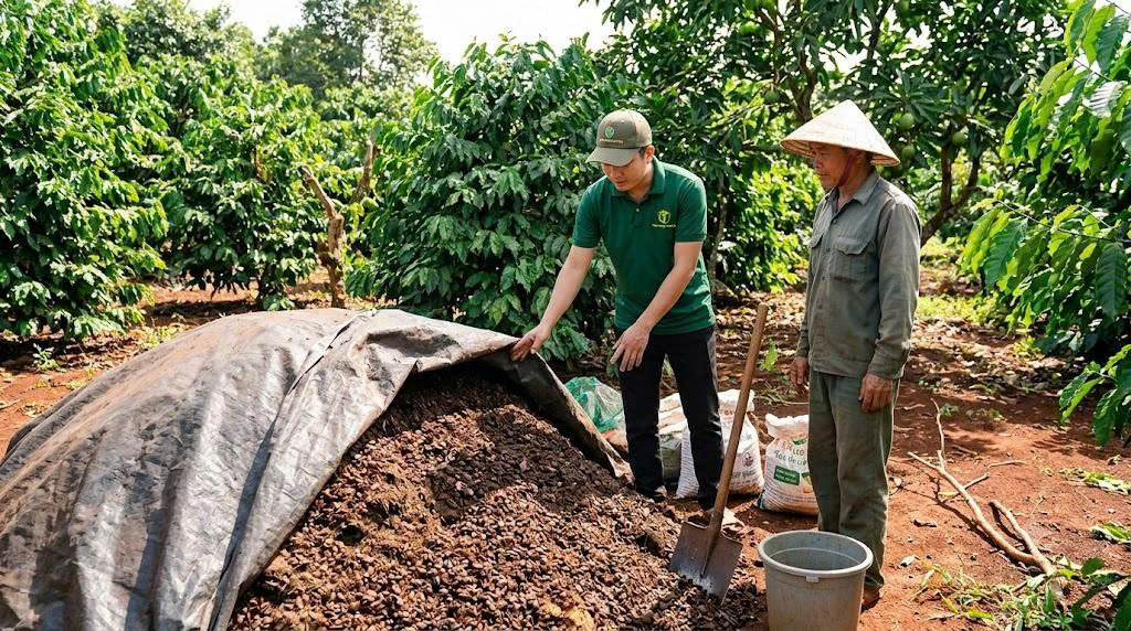 Hai nông dân đang làm việc trong vườn cây