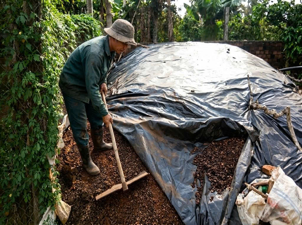 Nông dân đang trải bạt phủ trên luống đất trong vườn